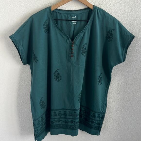 Pure Jill Embroidered Buttoned V-Neck Tee Green Boho Feminine 100% Cotton Small - Picture 1 of 5